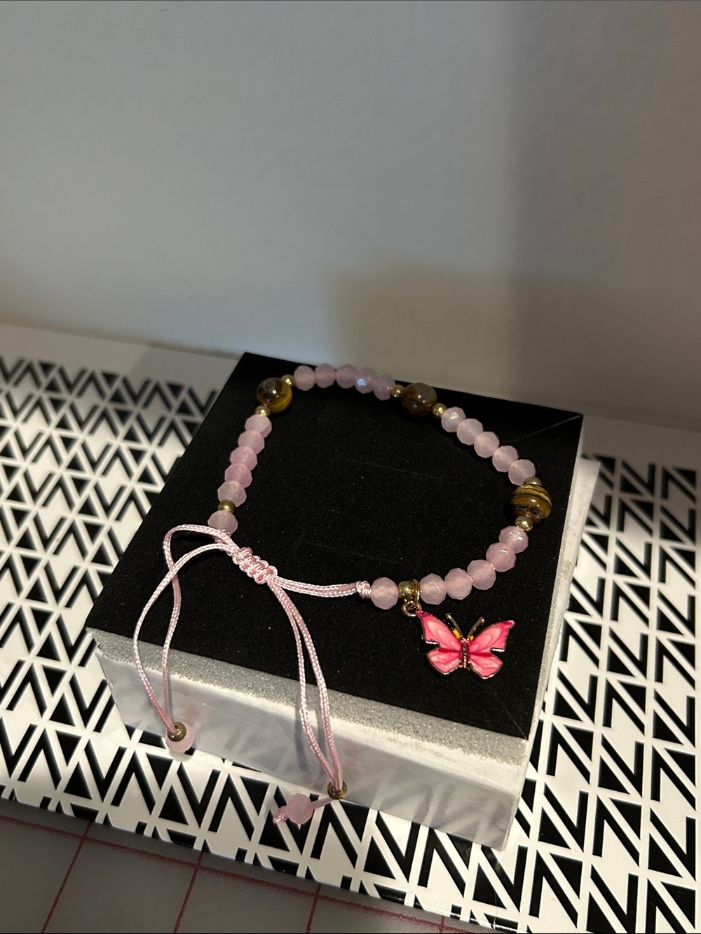 Pink Beaded Butterfly Charm Bracelet